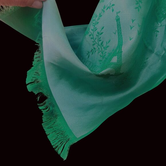 Distressed Antique Green Scarf Paris Souvenir With Landmarks & Moth Holes 47" - Picture 10 of 11